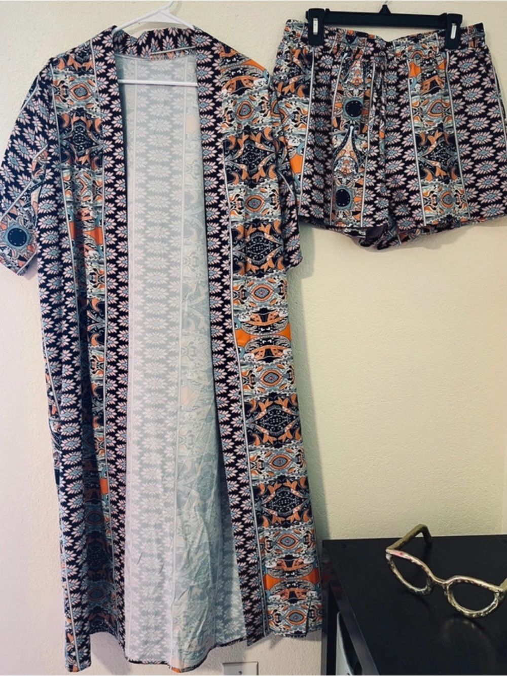 Boho Print Orange & Navy Kimono shorts pants $11 New M/L